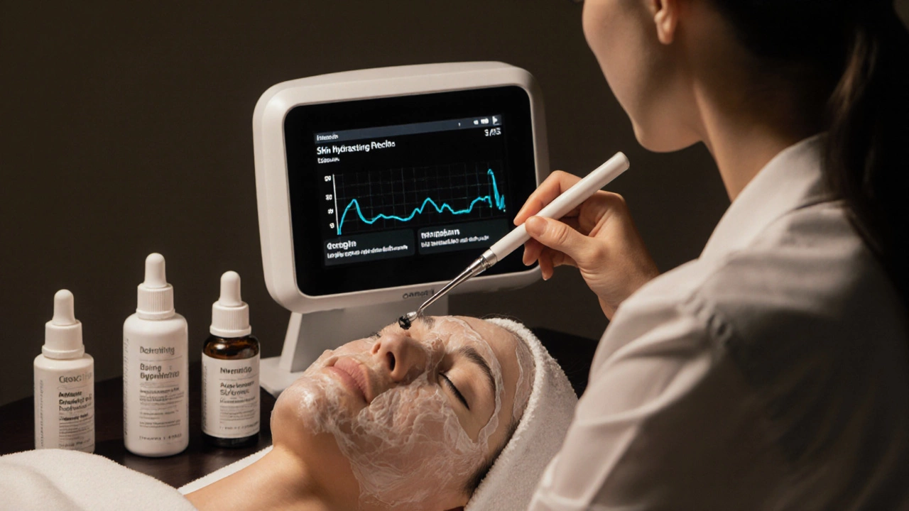 Косметолог наносит ферментный пилинг, рядом — устройства для анализа состояния кожи.
