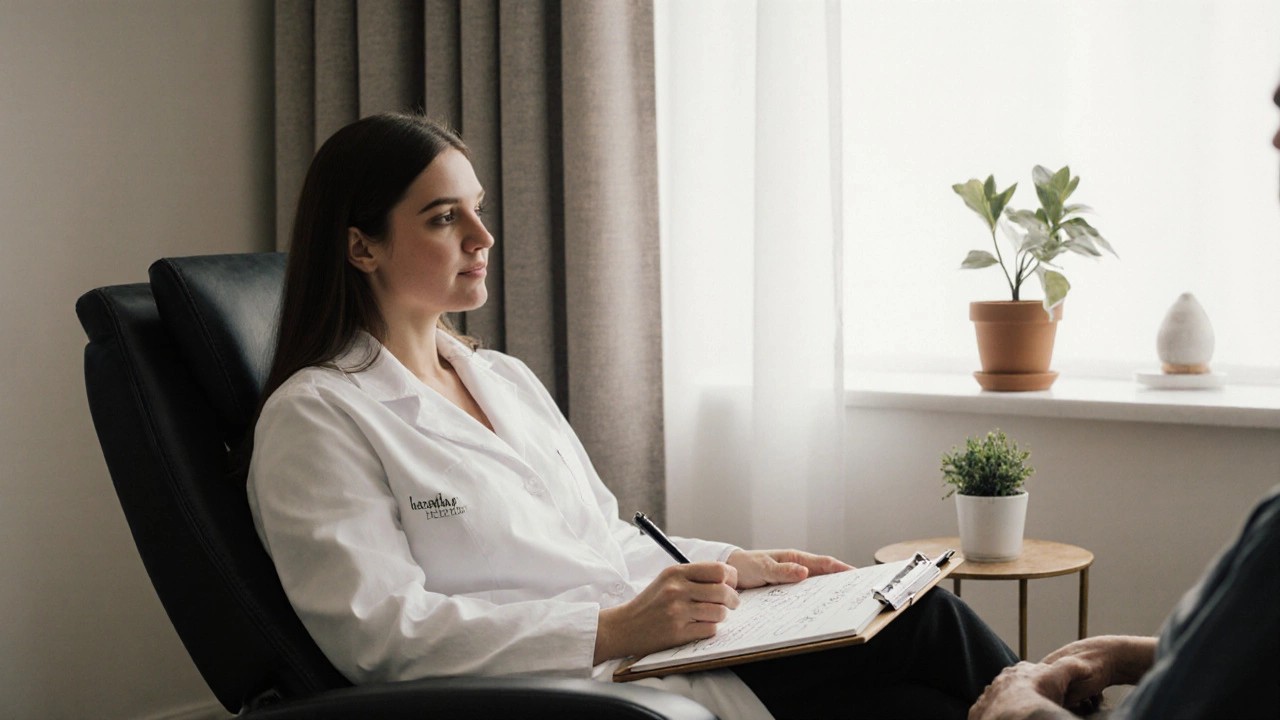 Косметолог внимательно слушает клиента в спокойной, уютной обстановке кабинета.