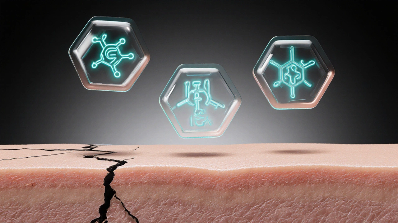 Молекулы ретинола, гликолевой кислоты и пептидов восстанавливают сухую кожу.