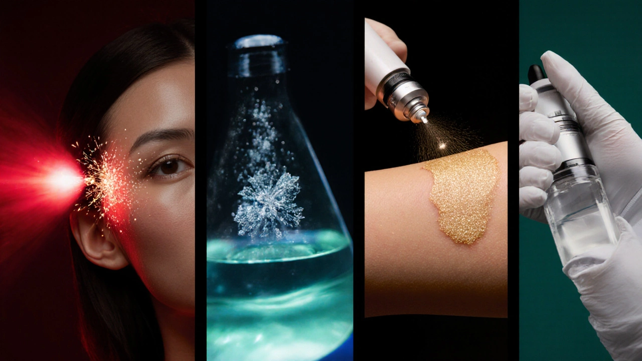 Разделённое изображение, показывающее лазер, IPL, химический пилинг, криотерапию и микронедлинг.