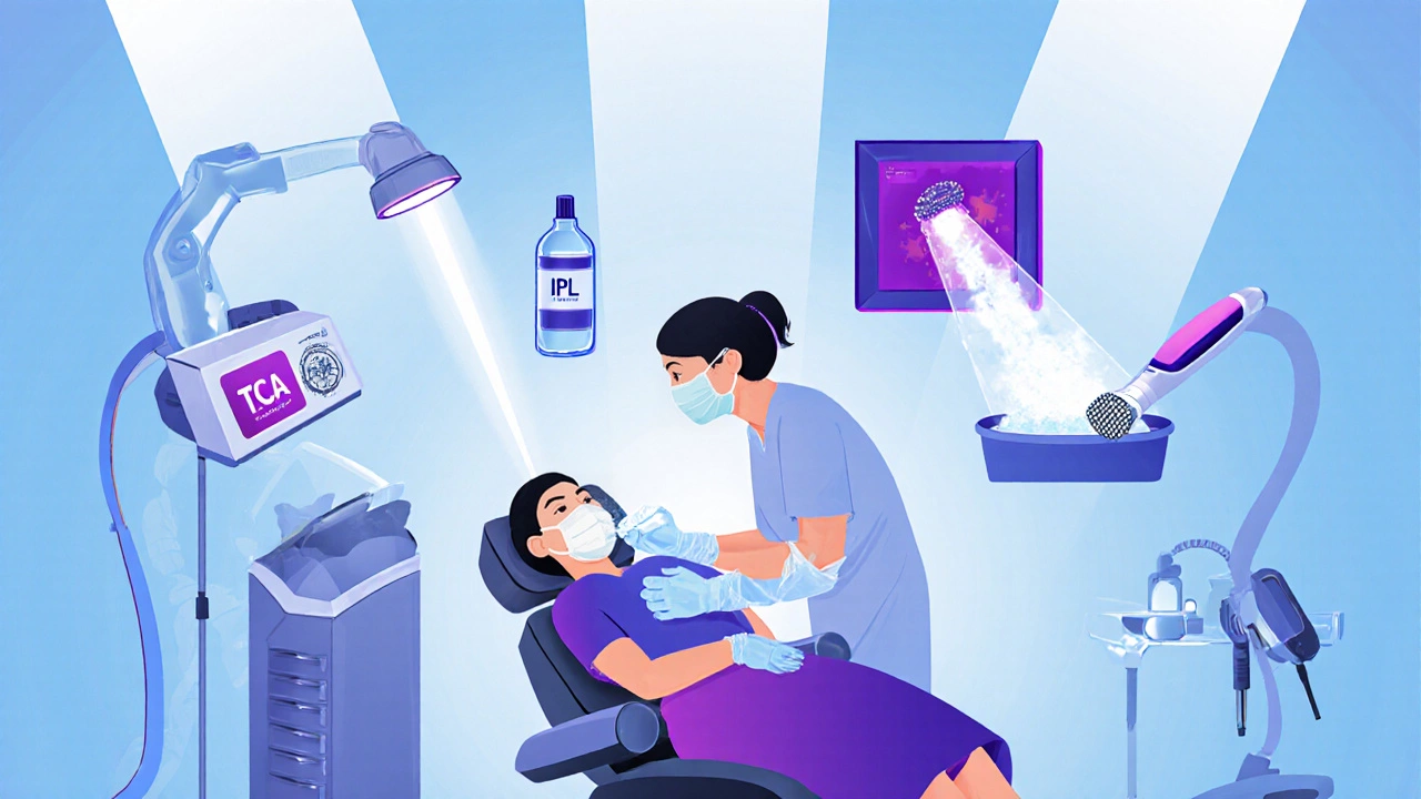 Сцена в клинике, показывающая оборудование для лазера, IPL, химического пилинга, микродермабразии и криотерапии.