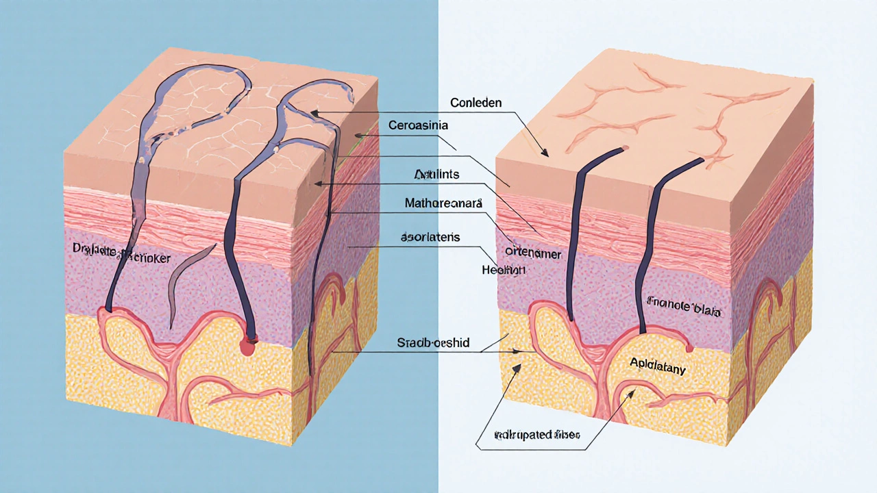 Сравнение поврежденной и восстановленной кожи: как ретинол, пептиды и церамиды восстанавливают барьер и коллаген.