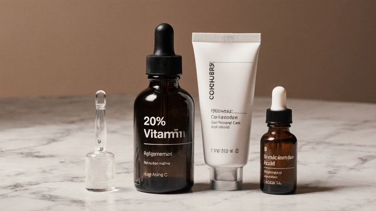 Утренний уход за кожей: сыворотка с витамином С, крем с ретинолом и церамидами, солнцезащитный крем на мраморной поверхности.