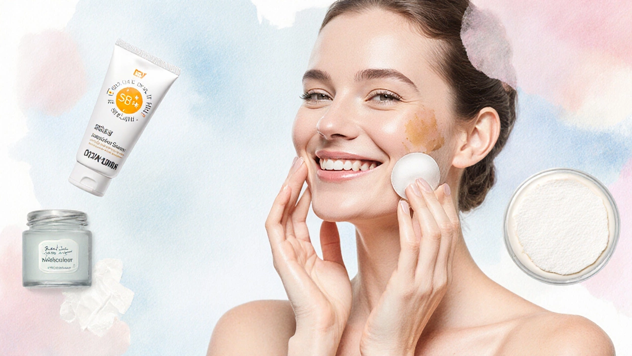 Женщина после процедуры наносит солнцезащитный крем, кожа выглядит ровной и сияющей.