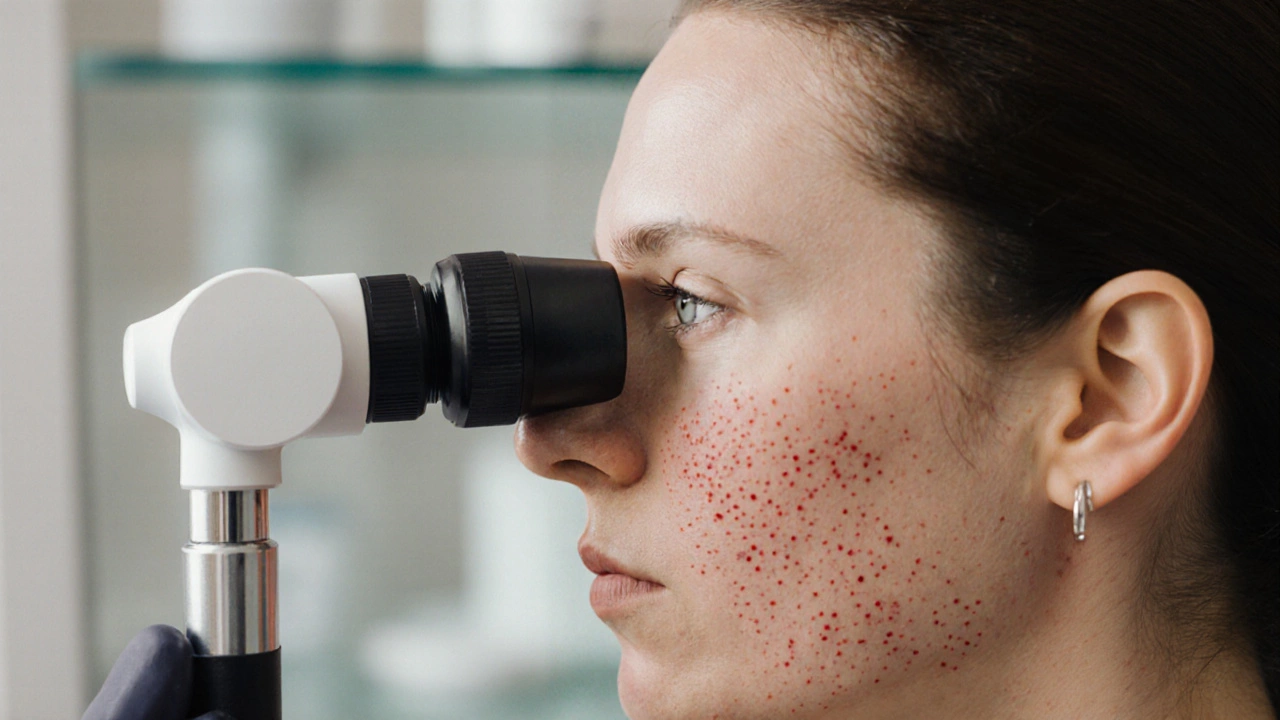 Дерматолог осматривает кожу пациента с помощью дерматоскопа.