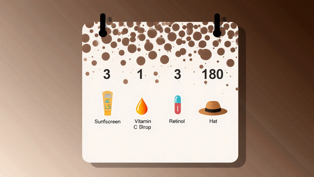 Календарь с 180 днями ухода за кожей, показывающий постепенное исчезновение пятен.