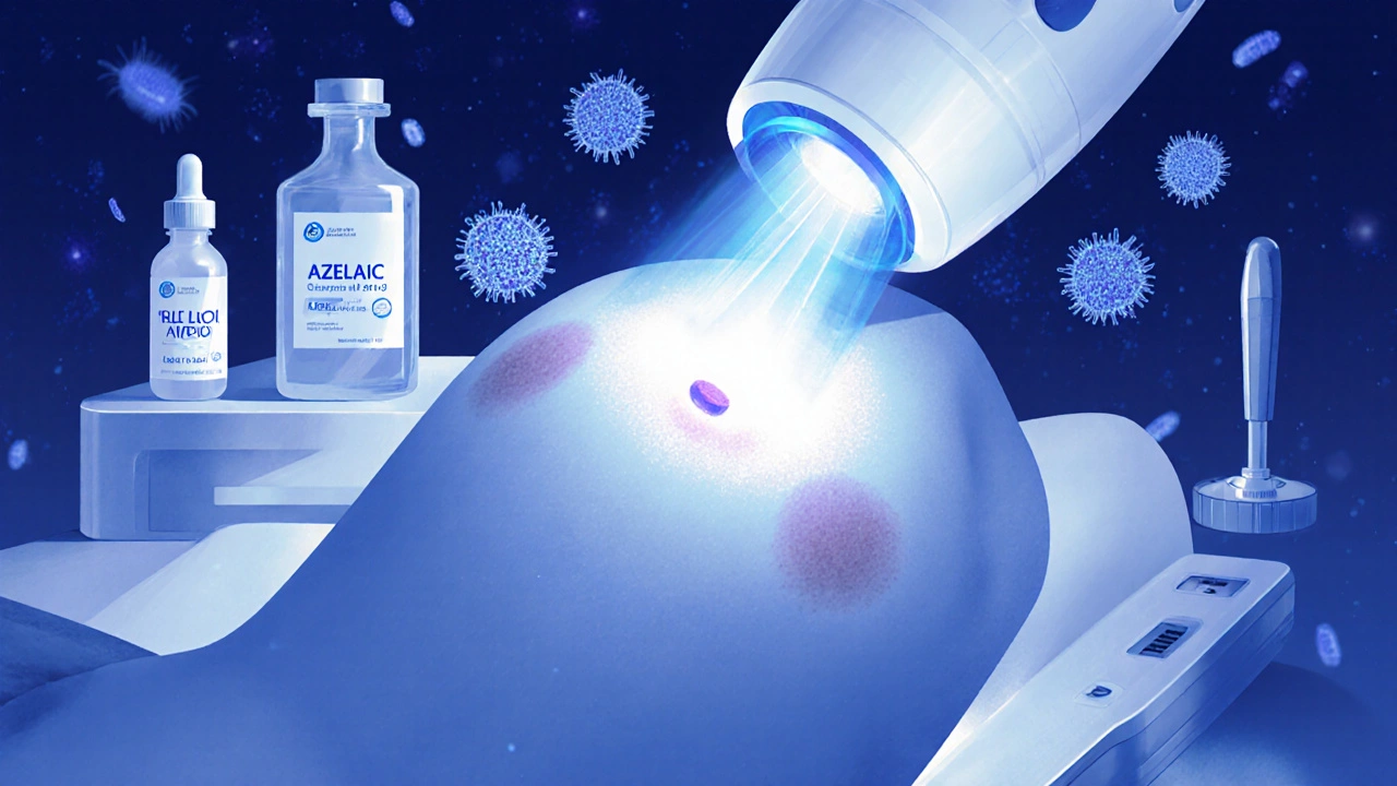 Лазер Q-switched воздействует на пигментные пятна в косметологическом кабинете.