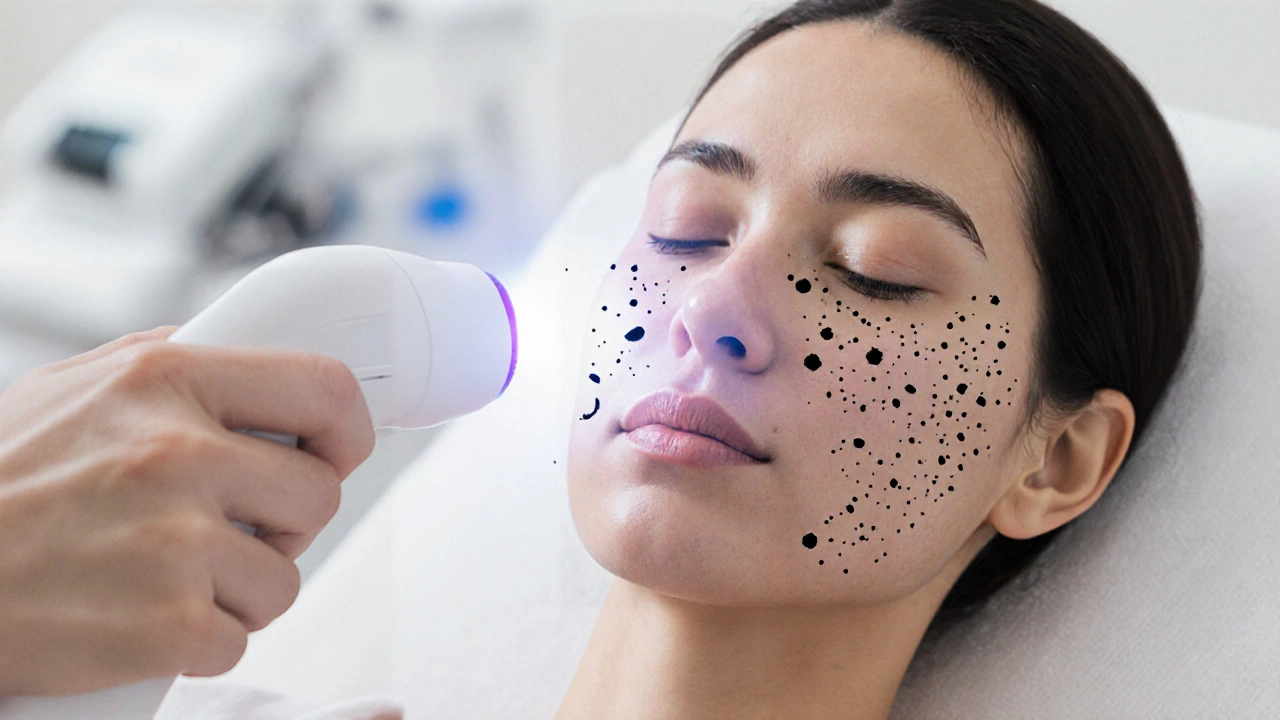 Лазерная терапия лица: лучи разрушают пигментные пятна, меланин рассеивается в виде частиц.