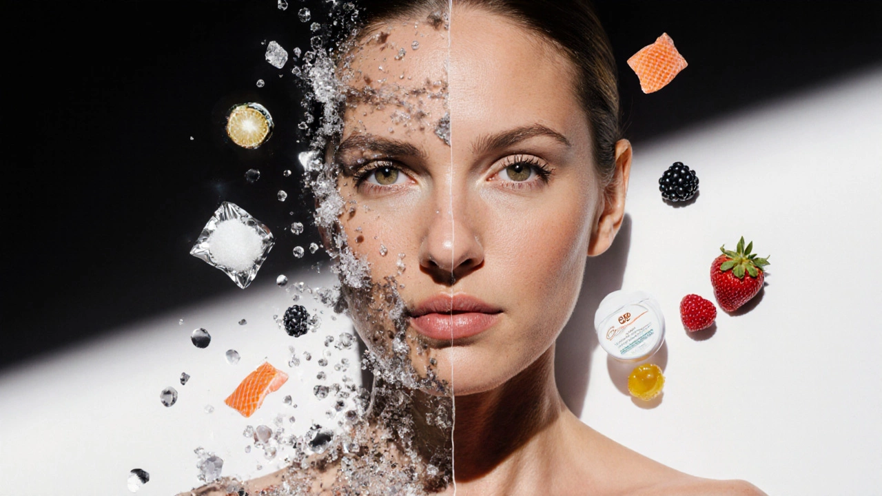 Лицо женщины разделено: одна сторона тусклая с сахаром, другая — сияющая с полезными продуктами.