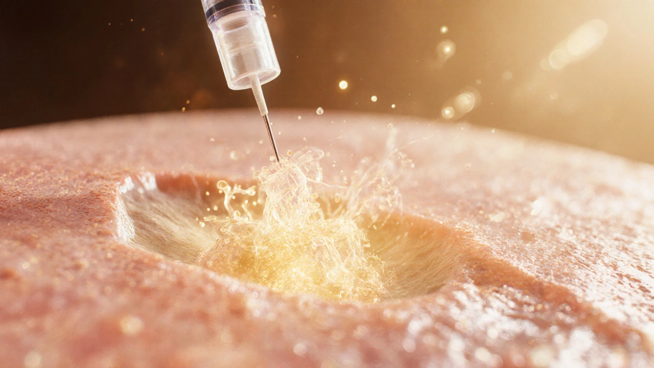 Микроскопическое изображение активации фибробластов и производства коллагена под кожей.