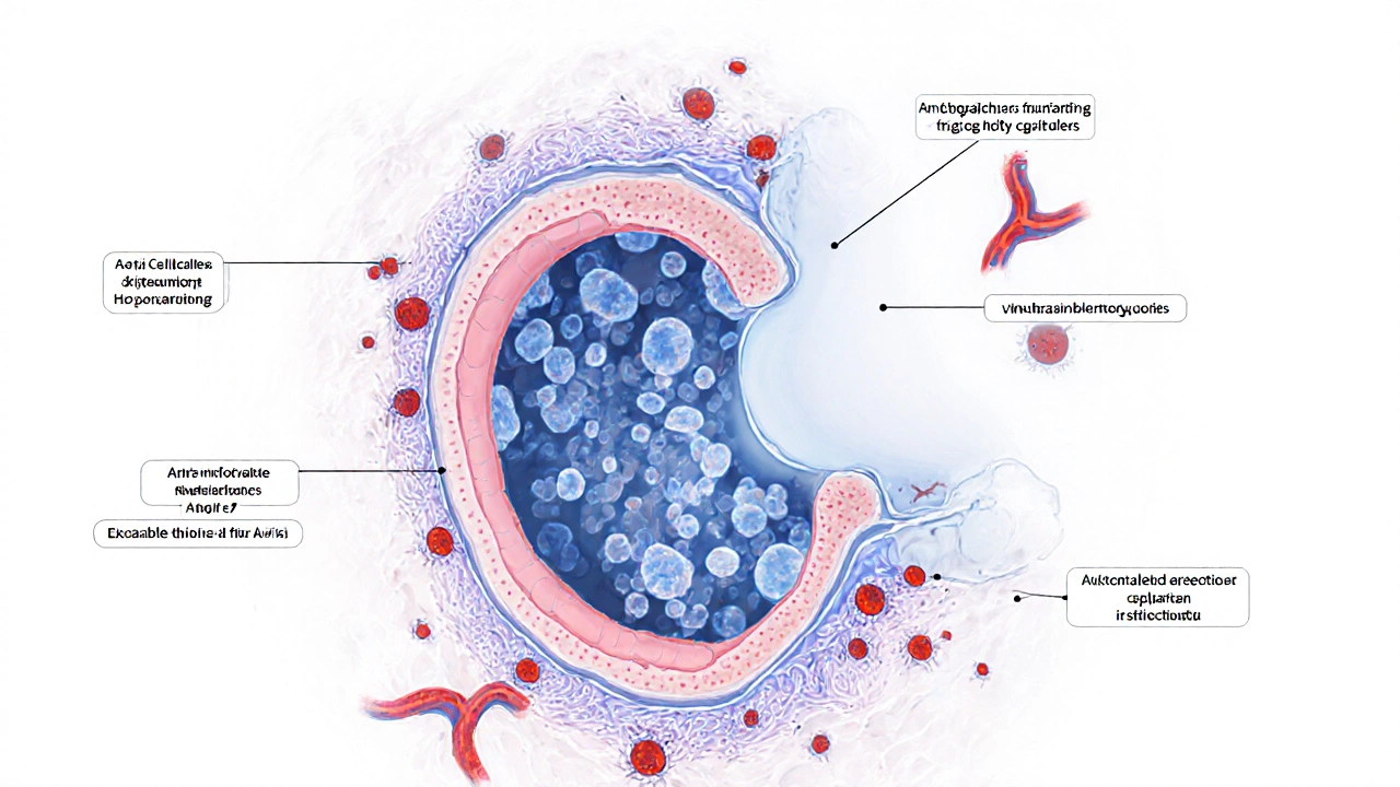 Микроскопическое изображение закупоренной поры с бактериями и воспалительными клетками.
