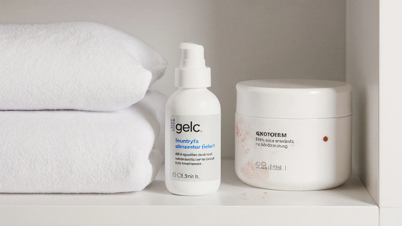 Минималистичная ванная с подходящими средствами для ухода за кожей с акне: гель, крем и чистая наволочка.