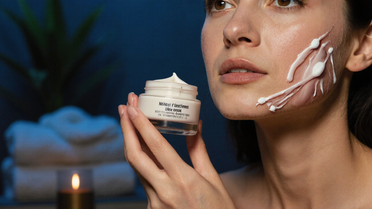 Нанесение крема с ретинолом и пептидами на кожу лица вечером.