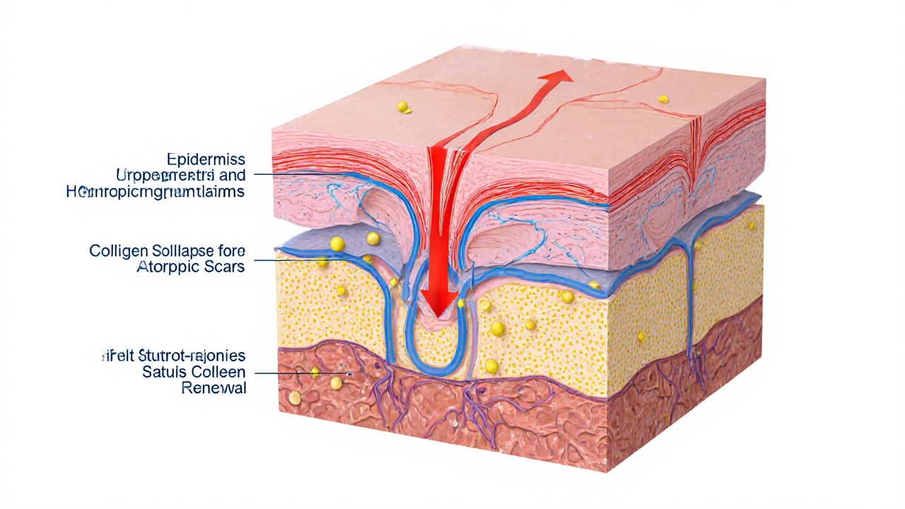 Схема кожи с обозначениями пигментации, вдавленных рубцов и действия лазера.