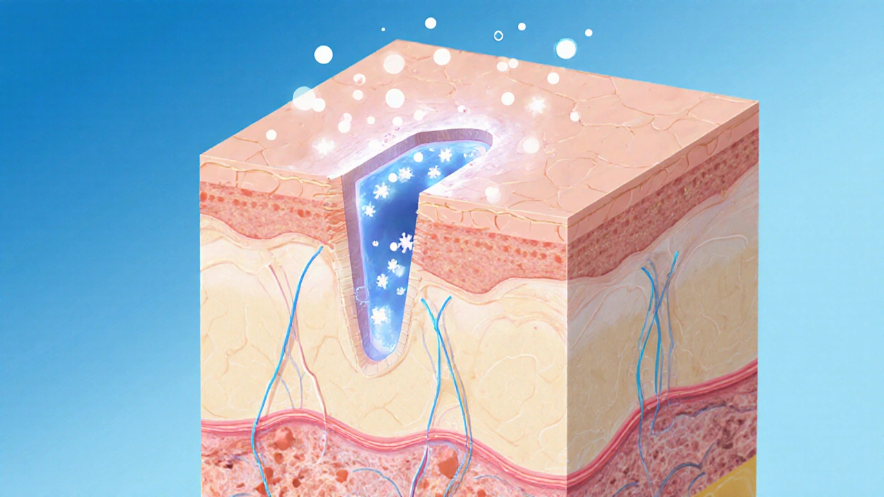 Схематическое изображение трех активных ингредиентов, воздействующих на кожу: гидрохинон, азелаиновая кислота, витамин С.