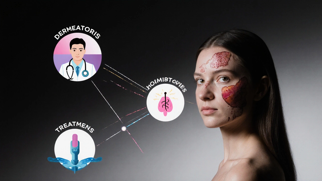 Схематичное изображение связи между дерматологом, эндокринологом и косметологом при лечении пигментации.