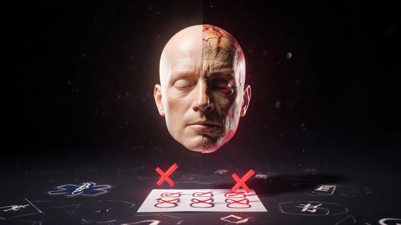 Силуэт кожи, разделенный на здоровую и поврежденную части, с символами противопоказаний