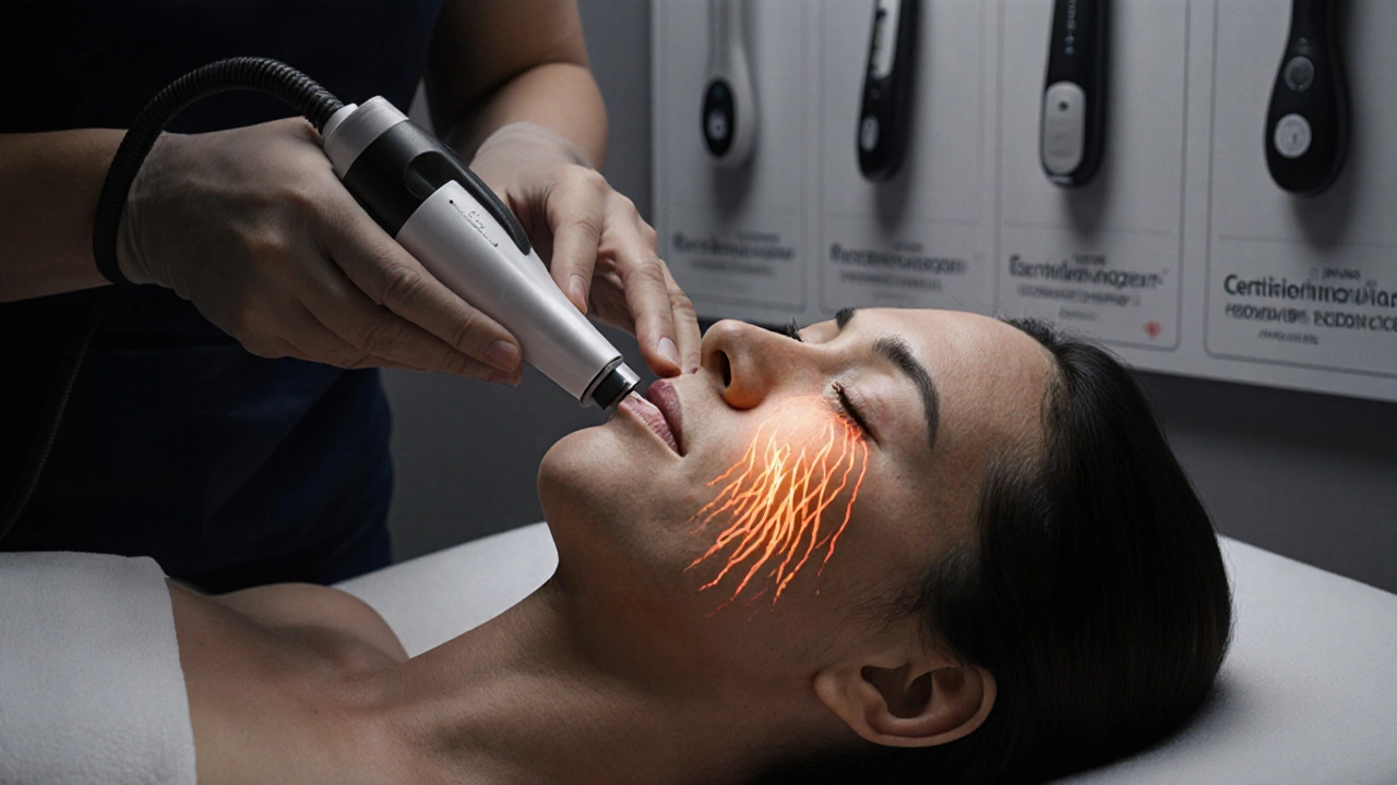 Специалист проводит радиочастотный лифтинг лица с визуализацией тепловых волн в коже.