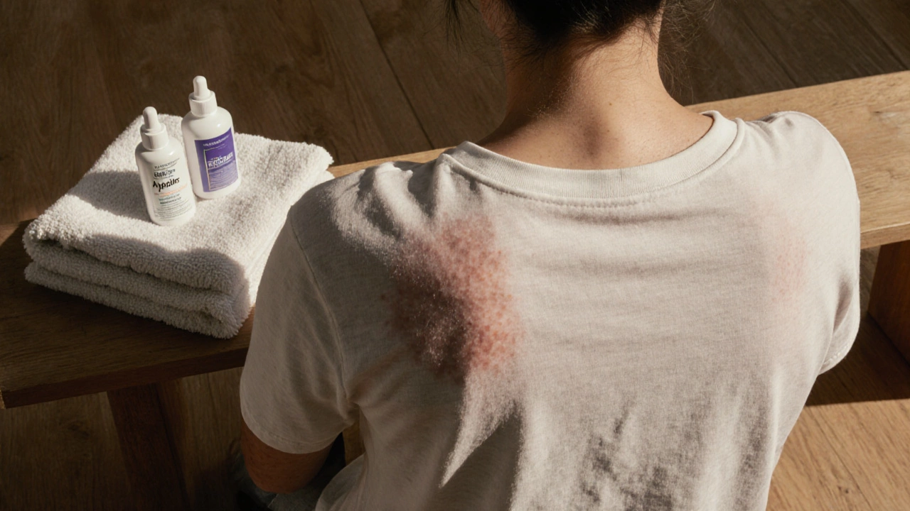 Спина с акне на фоне хлопковой футболки, рядом — средства для лечения.