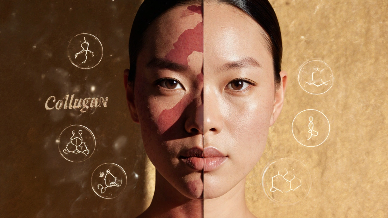 Сравнение до и после лазеротерапии: тусклая кожа слева, сияющая — справа, с элементами восстановления.