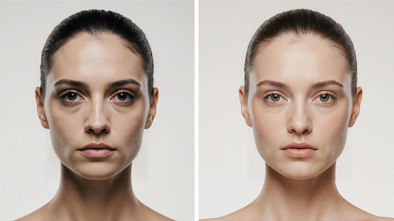 Сравнение до и после: уставшее лицо и восстановленная, естественная кожа.