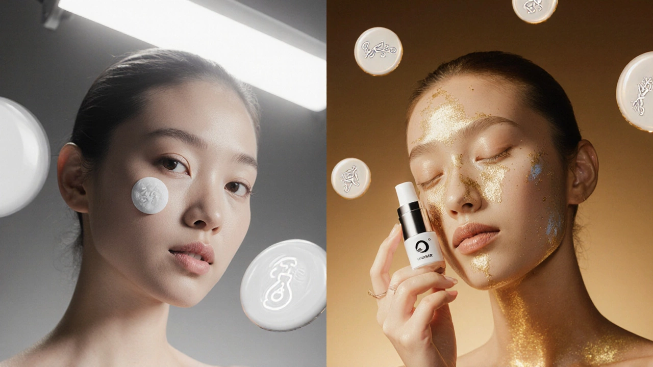 Сравнение тусклой и сияющей кожи с акцентом на активные ингредиенты ухода.