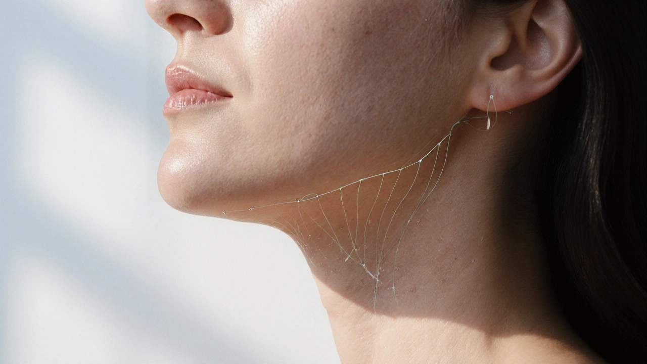 Тонкие нити PDO под кожей создают каркас для подтяжки челюсти и шеи, естественный результат.