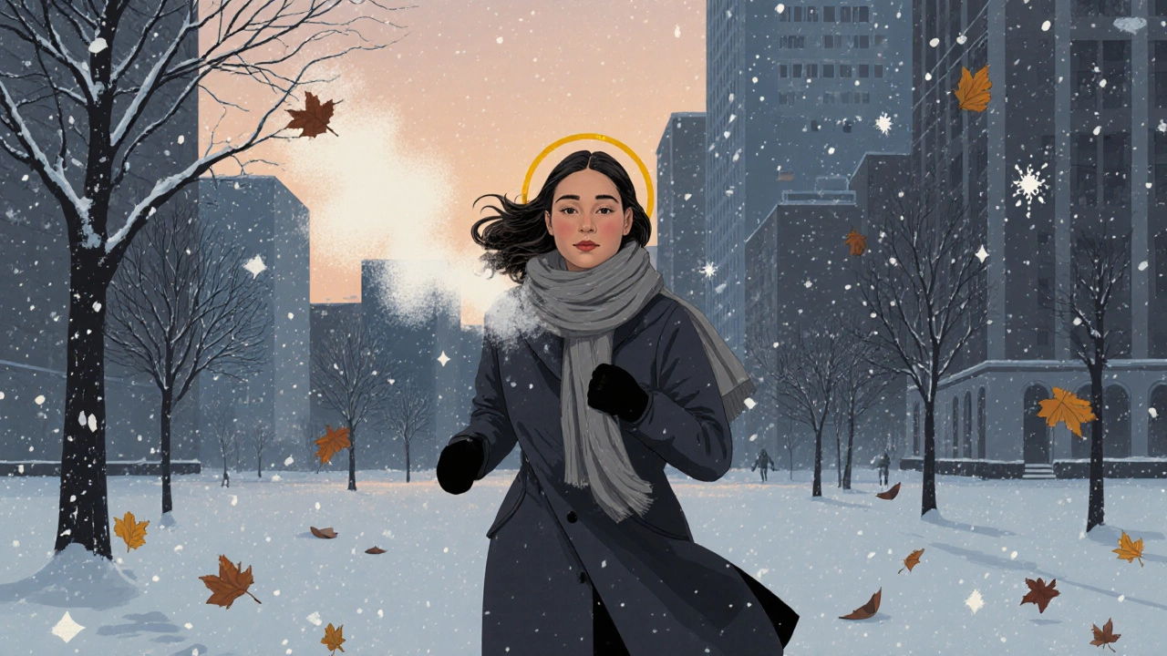 Женщина идет быстрым шагом в зимнем парке, лицо сияет от кровообращения.