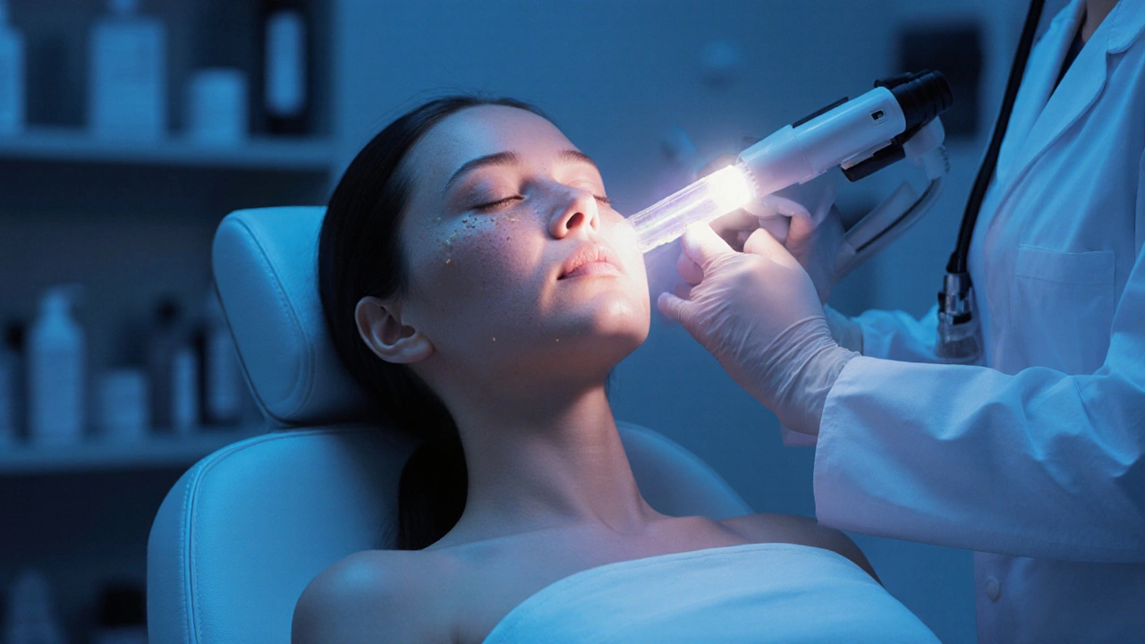 Женщина проходит лазерную процедуру от пигментации в косметологической клинике.
