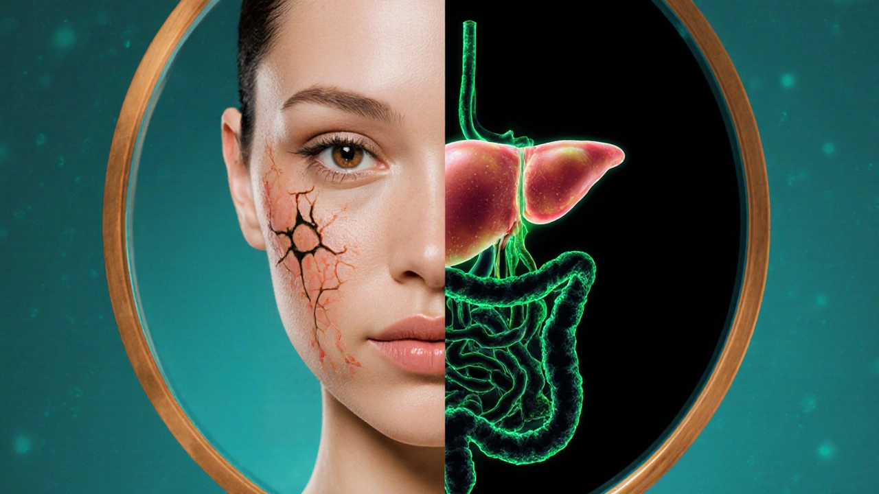 Зеркало отражает светлеющее лицо, а за ним — восстанавливающуюся печень, где токсины уходят из организма.