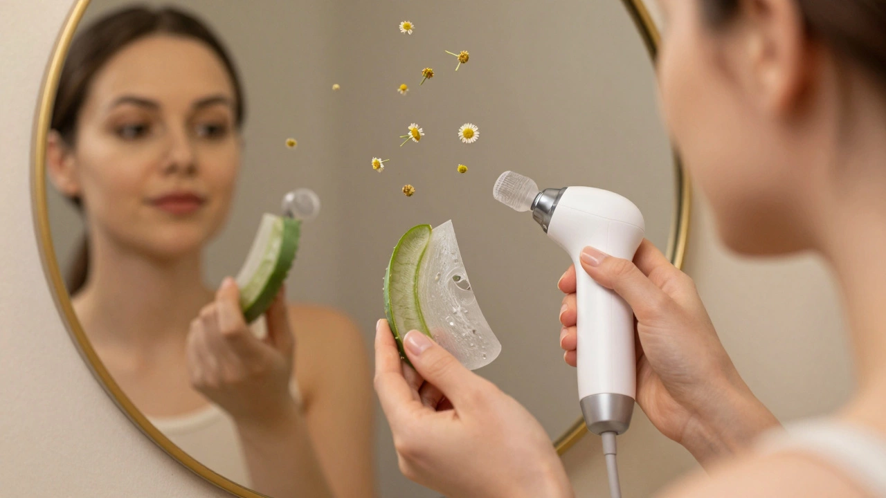 Беременная женщина наносит увлажняющую маску с алоэ вера, вокруг — натуральные ингредиенты, спокойная атмосфера.