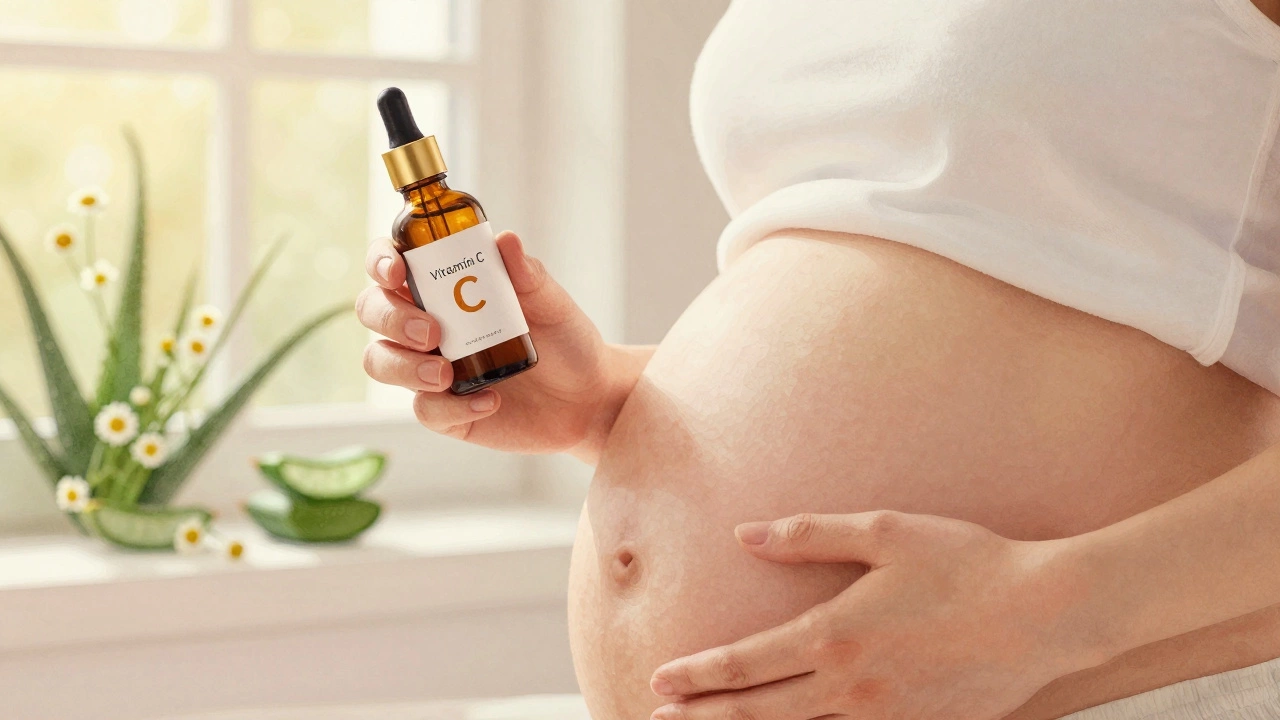 Беременная женщина с пигментацией, держит сыворотку витамина С, мягкий свет и природные элементы вокруг.