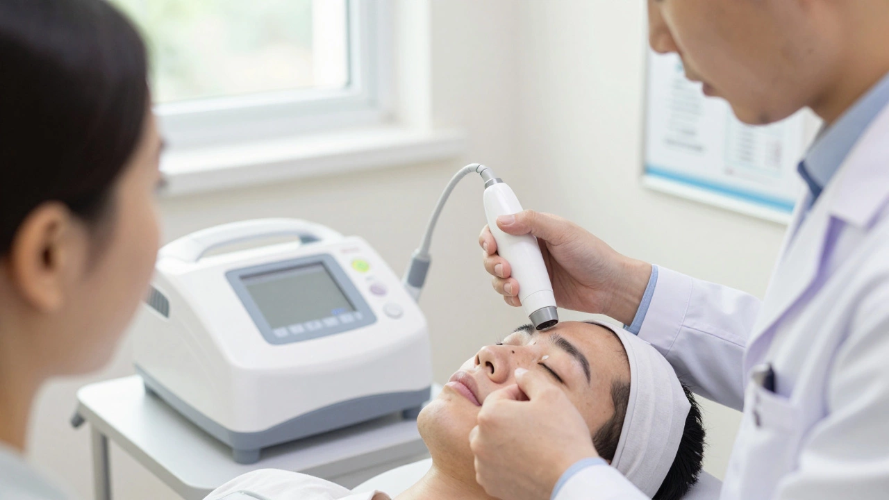 Дерматолог проверяет кожу пациента с помощью диагностического прибора, лазерный аппарат не используется.