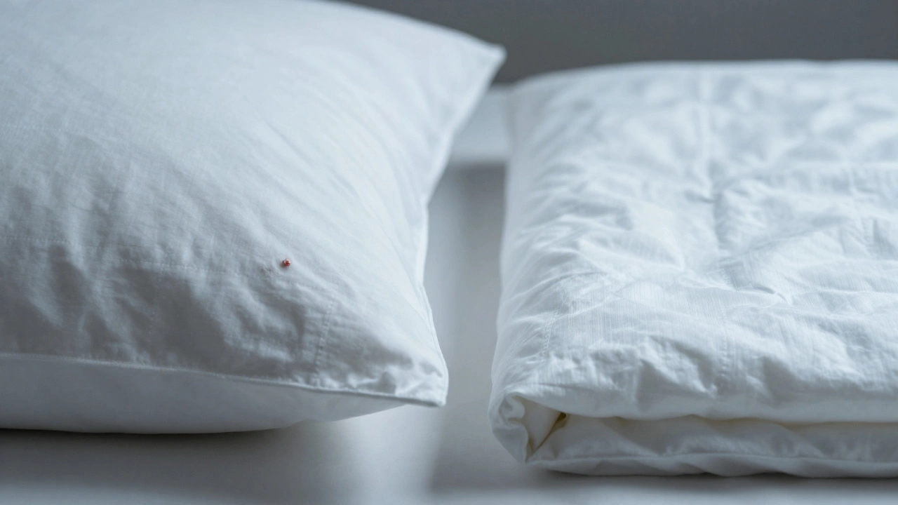 Хлопковая и синтетическая наволочки рядом, одна с прыщом, другая без