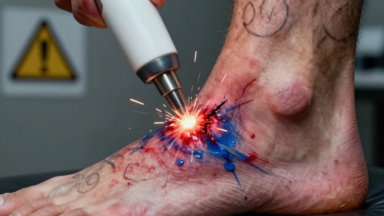 Лазерный луч попадает на татуировку на лодыжке, кожа покраснела и пузырится, видны следы ожога.