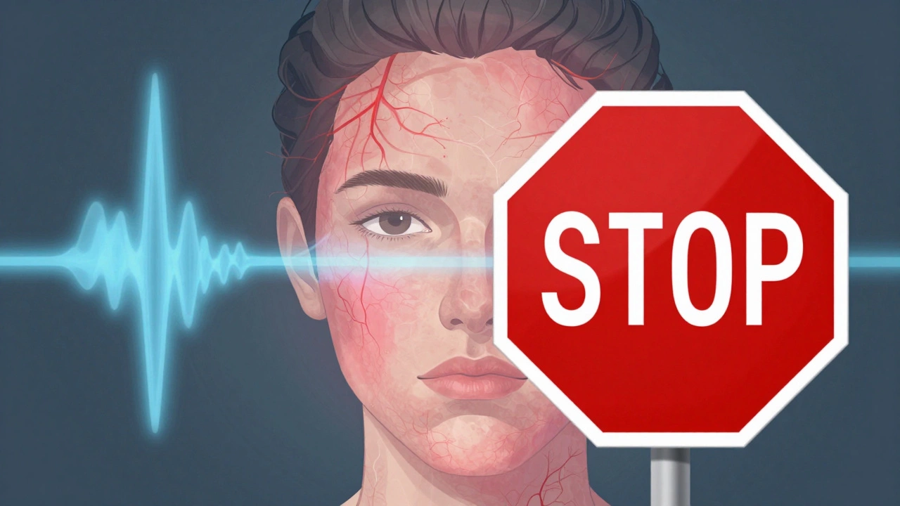 Лицо с куперозом и сосудистыми звездочками, ультразвуковые волны заблокированы красным знаком запрета.