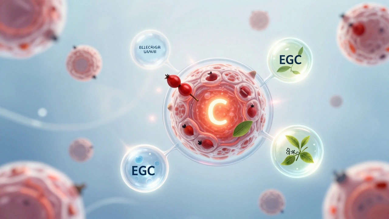 Микроскопическое изображение клетки кожи, окруженной молекулами витамина С и антиоксидантов из натуральных напитков.