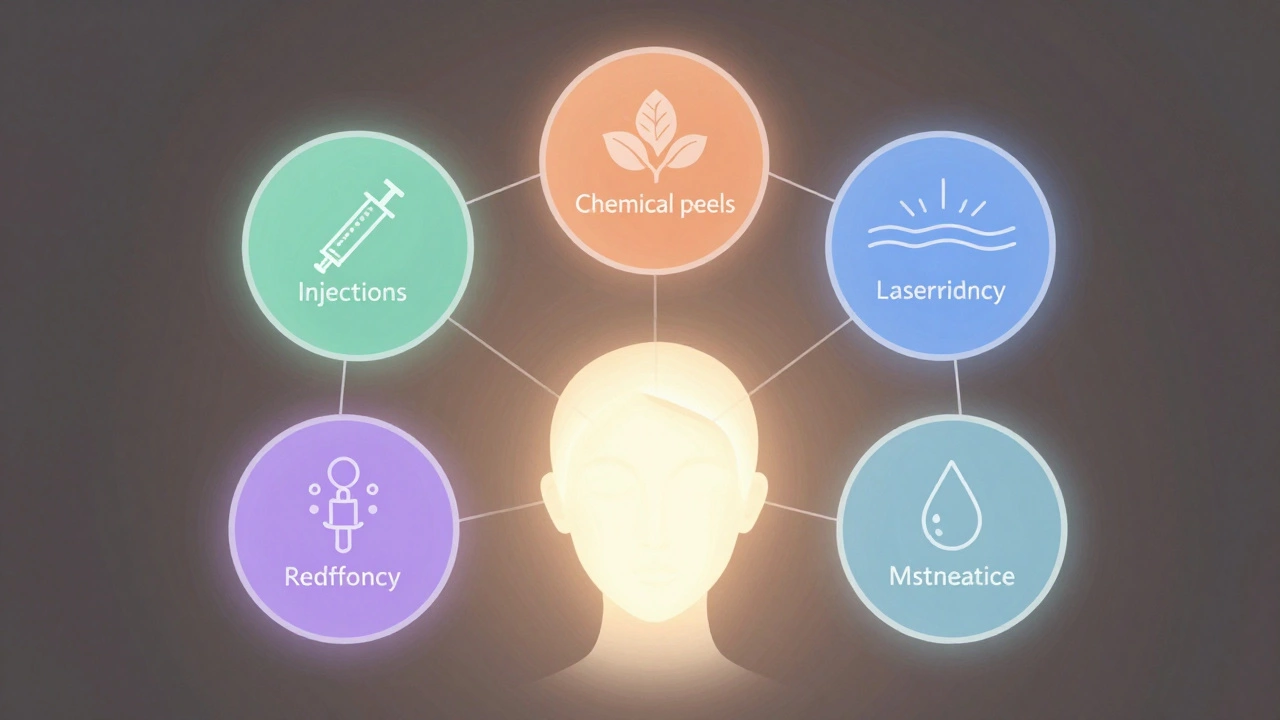 Пять взаимосвязанных методов эстетической косметологии, визуализированных как цветные круги, соединённые с лицом.
