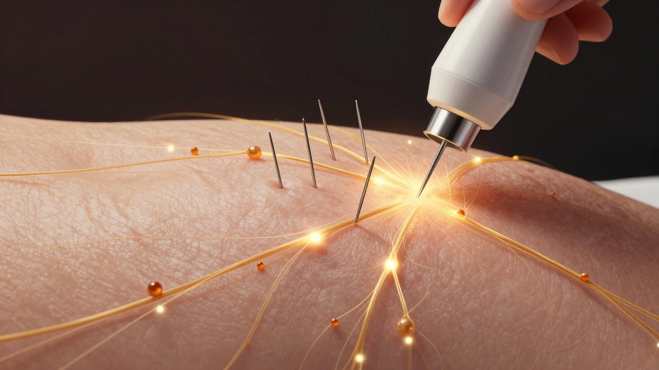 Процедура микронидлинга с радиочастотой: иглы проникают в кожу, а вокруг них светятся золотые волокна коллагена.