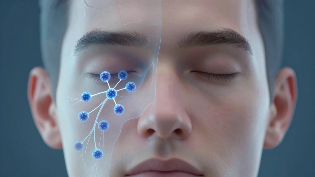Прозрачная половина лица с молекулами ботокса, блокирующими нервные сигналы к мышцам.