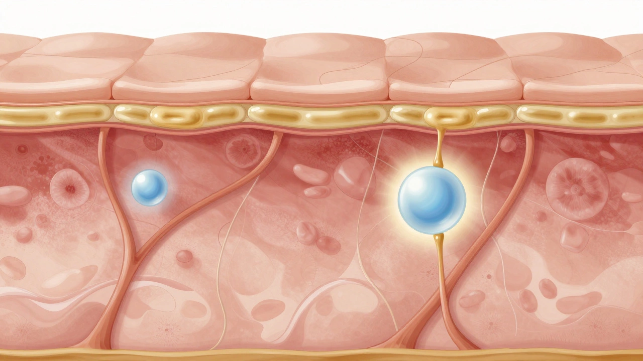 Схематическое изображение зрелой кожи с активными компонентами, проникающими в глубокие слои.