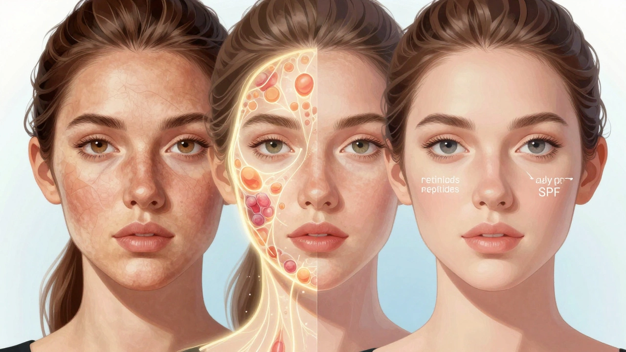 Схематичное изображение лица: старая кожа, процесс обновления и омоложенная кожа — три этапа.