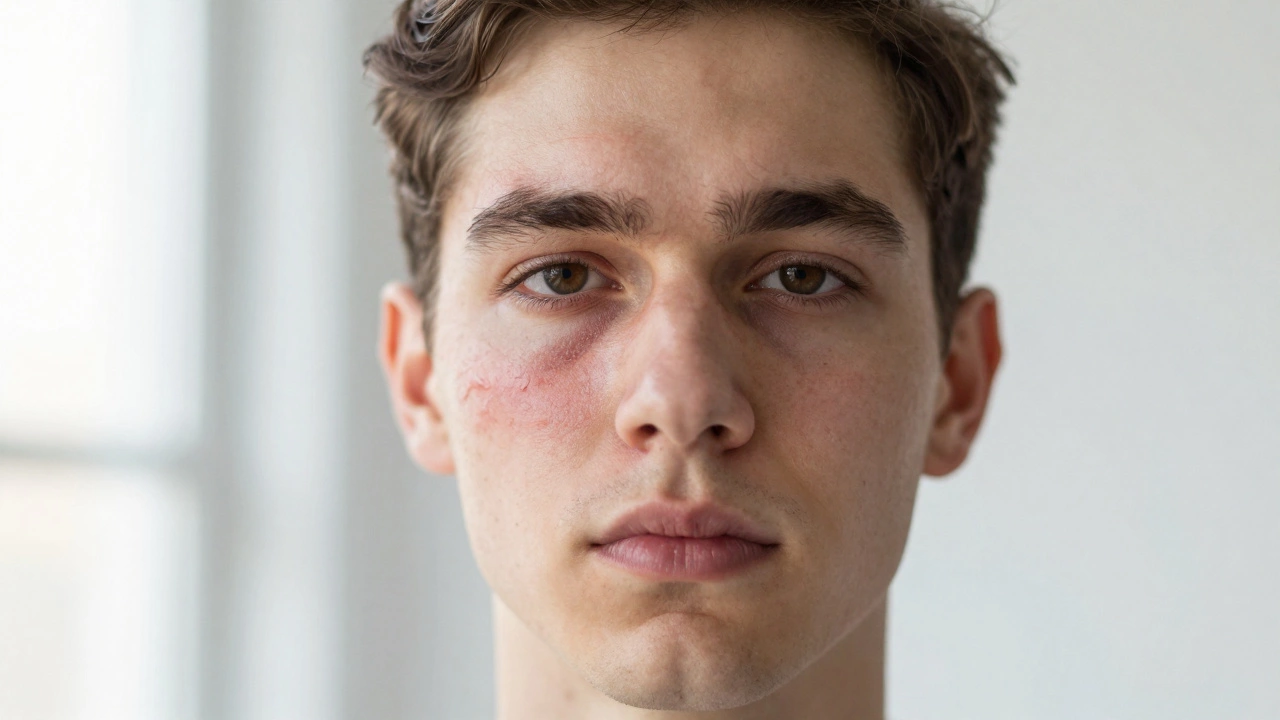 Сравнение лица до и после лечения следов от прыщей: слева — рубцы и покраснения, справа — гладкая кожа.