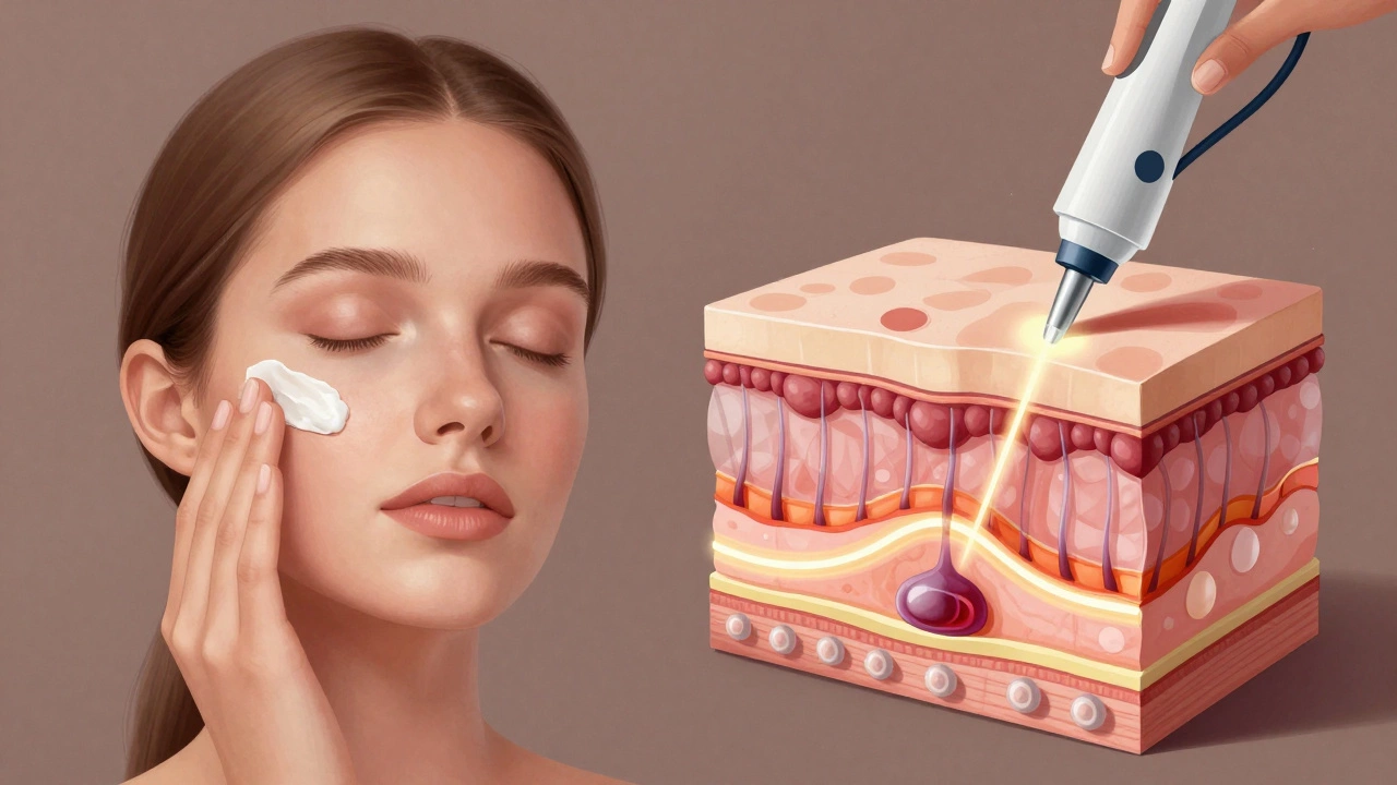 Сравнение поверхностного ухода за кожей и глубокого воздействия лазера, радиочастоты и филлеров на анатомические слои лица.