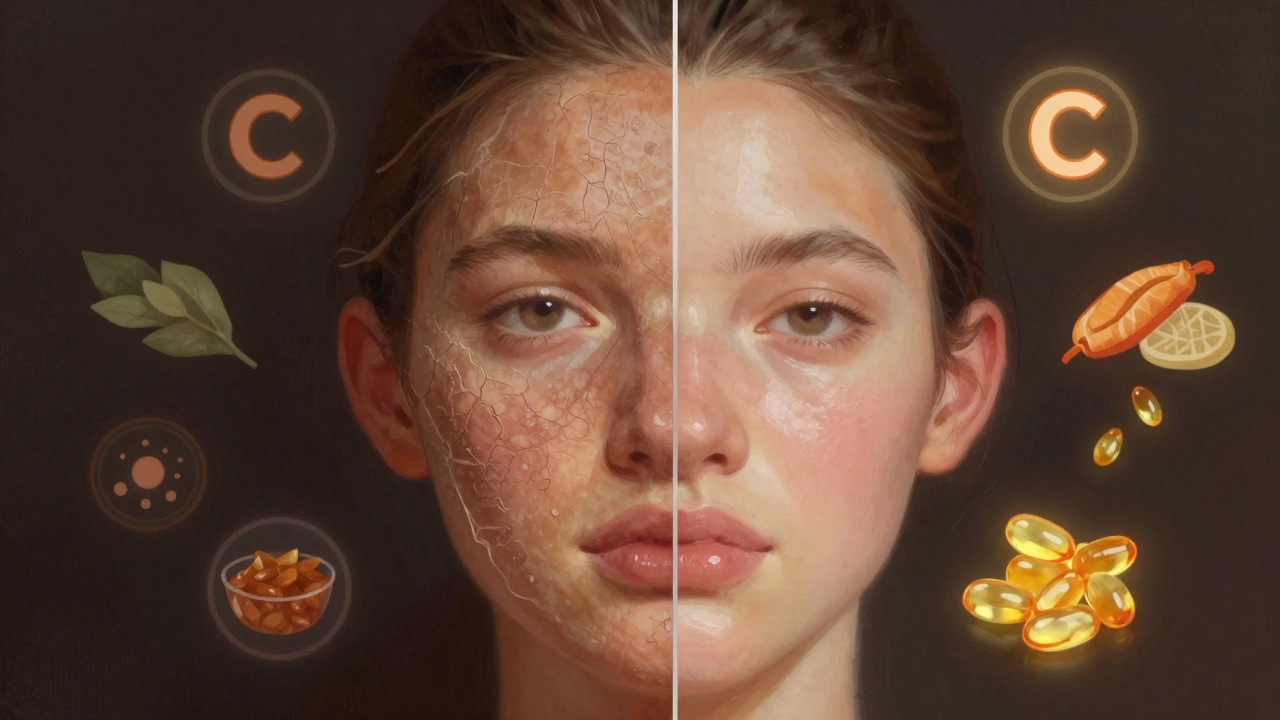 Сравнение тусклой и сияющей кожи с символами ухода: витамин С, ретинол, омега-3.