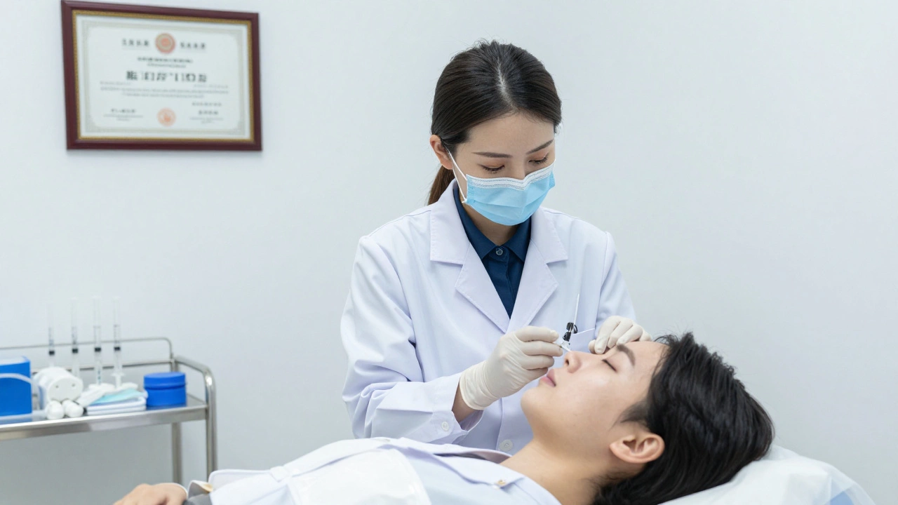 Врач-косметолог вводит инъекцию ботокса в клинической обстановке с медицинским оборудованием.