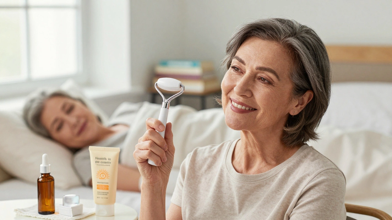 Женщина 60 лет использует микронеедлинг-роллер дома, рядом — сыворотка, SPF и ледяной кубик.