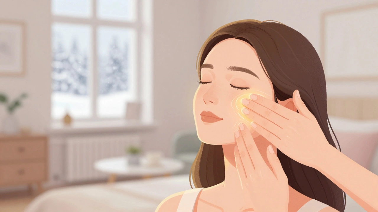 Женщина делает массаж лица пальцами, используя масло, с мягким золотым сиянием.