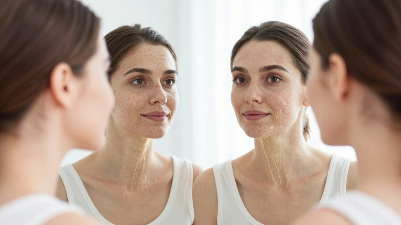 Женщина смотрит в зеркало, её кожа сияет, а за ней — невидимые волокна коллагена, символизирующие омоложение.