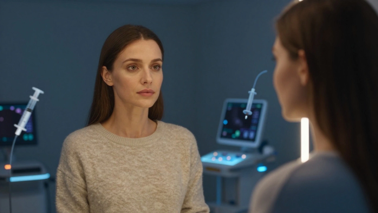 Женщина смотрит в зеркало: её отражение выглядит моложе, вокруг — силуэты медицинских приборов, символизирующих эстетическую косметологию.